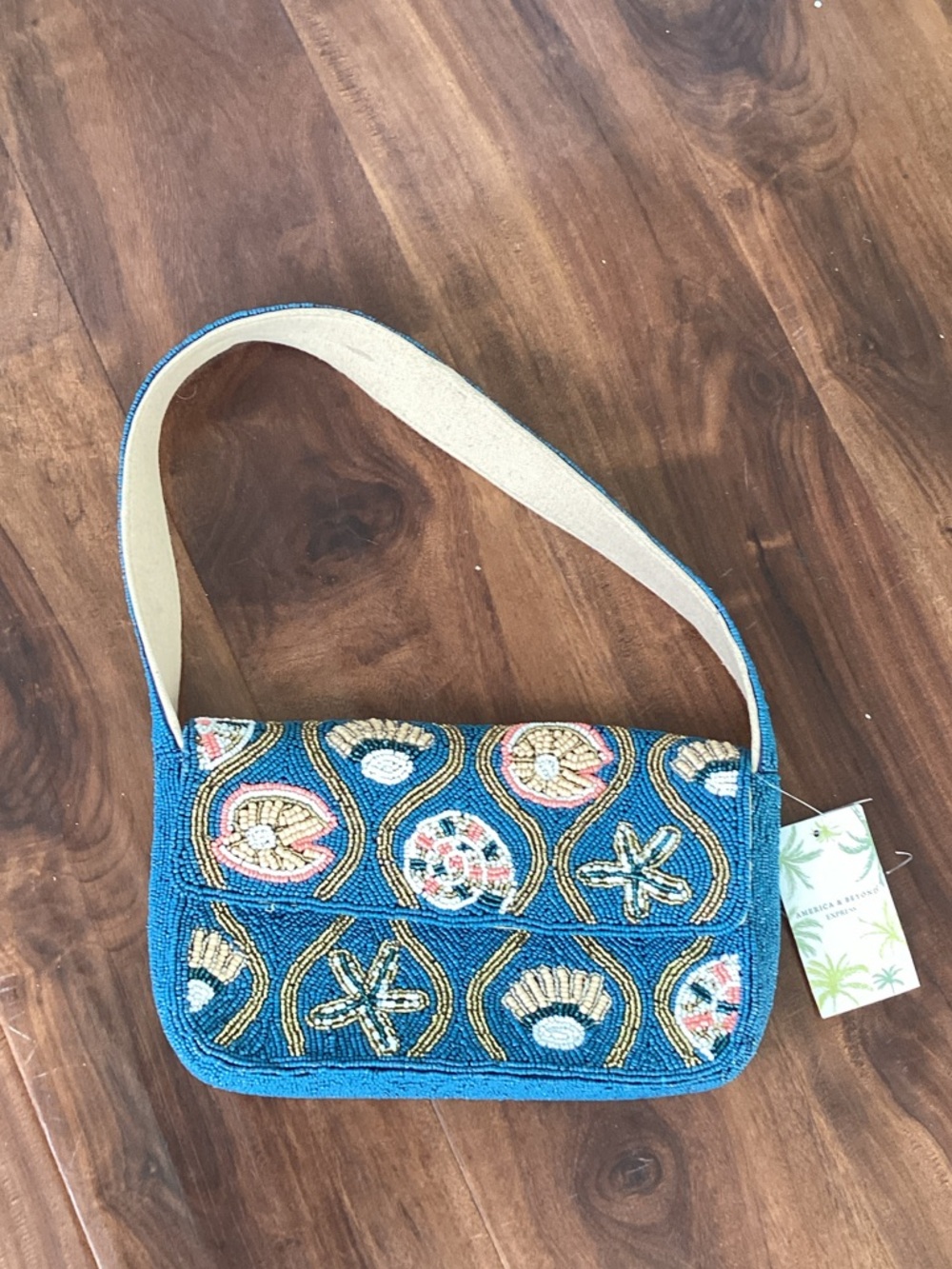 Hand-Beaded Blue Shell Motif Crossbody Bag